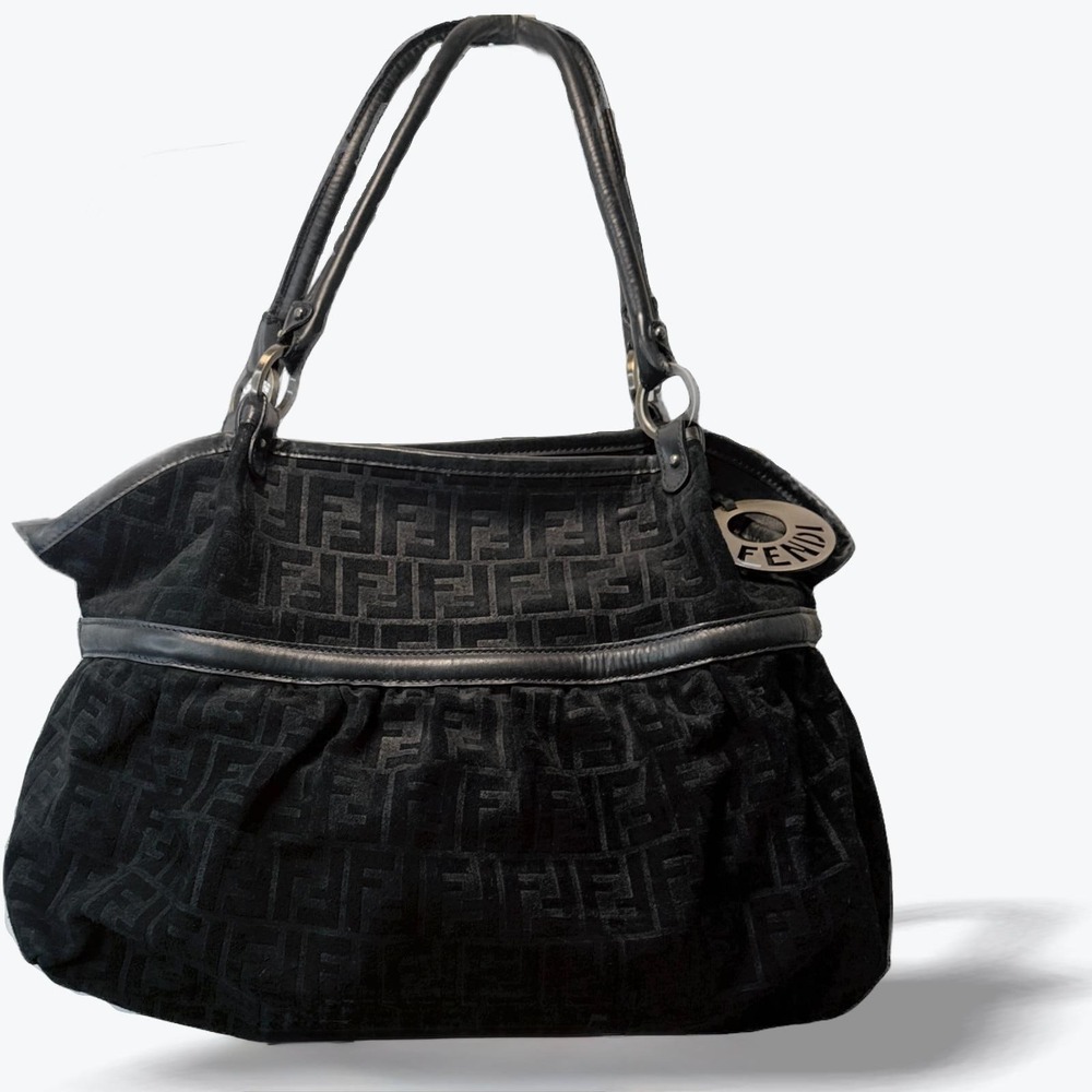 Fendi Zucca Chef Large Suede Tote Bag VTG Black FF Monogram Shoulder Purse COA